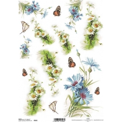 Papier ryżowy A4 R0563 kwiaty, stokrotki, chabry, motyle